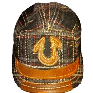 True Religion Hat Cap Plaid Flannel Leather Buddha Logo Adjustable Snap Sides